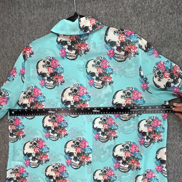 Skull Bongo Plus Blue Sheer Gold Button Top Sz 2X Halloween Day Of The Dead - Picture 12 of 16